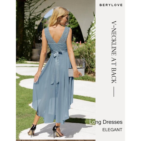 BeryLove Women Grey Blue SequinChiffon Scoop Neck Sleeveless Lace Cocktail Dress - Picture 3 of 7